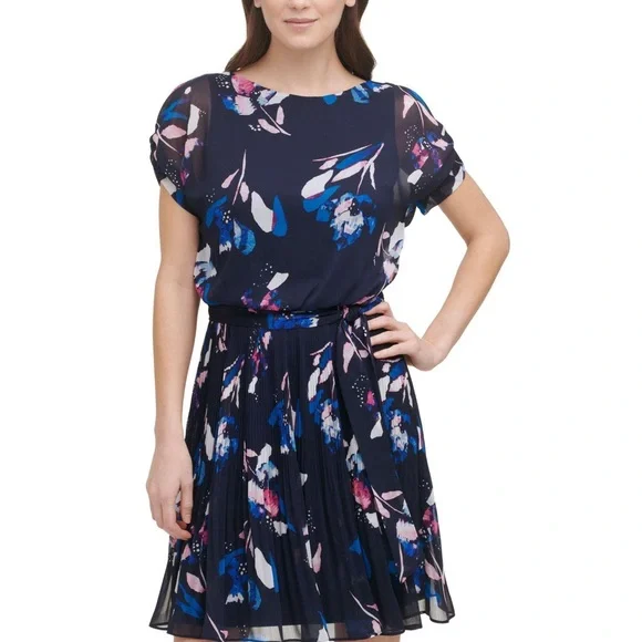 Dkny | Dresses | Dkny Crew Pleated Neck Chiffon Floral Dress Size 8 |  Poshmark